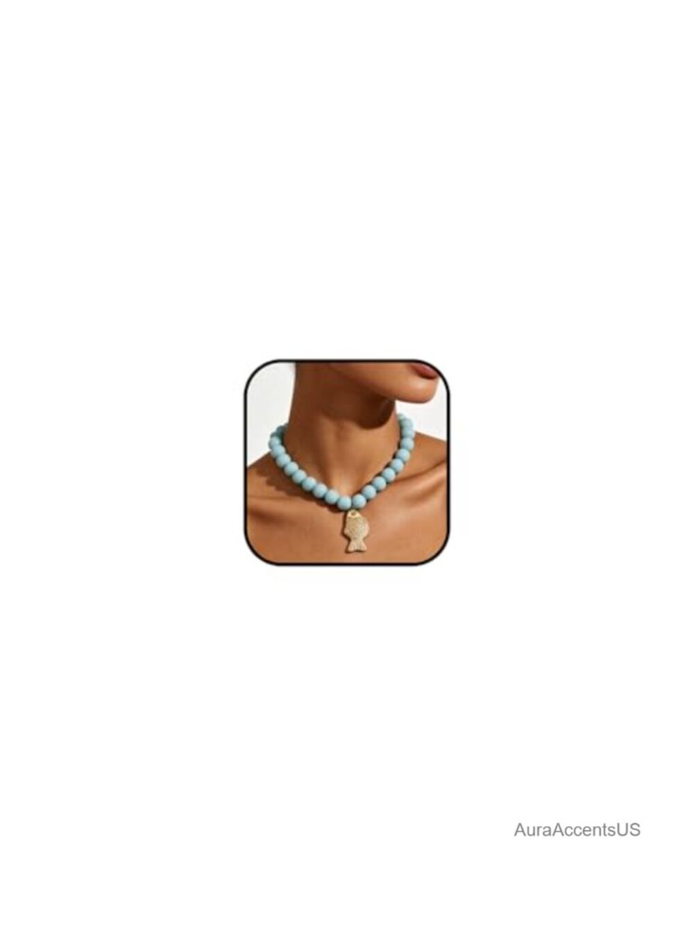 Chunky Beaded Choker Necklace with Fish Pendant Adjustable Resin Statement